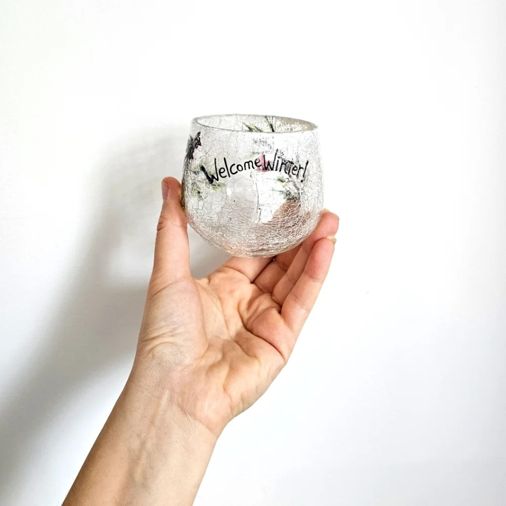 Vintage Yankee Welcome Winter Crackle Frosted Glass Votive Pine Candle Holders